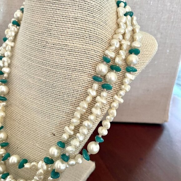 Long Imitation Pearl and Turquoise Beaded Necklace - Picture 4 of 9